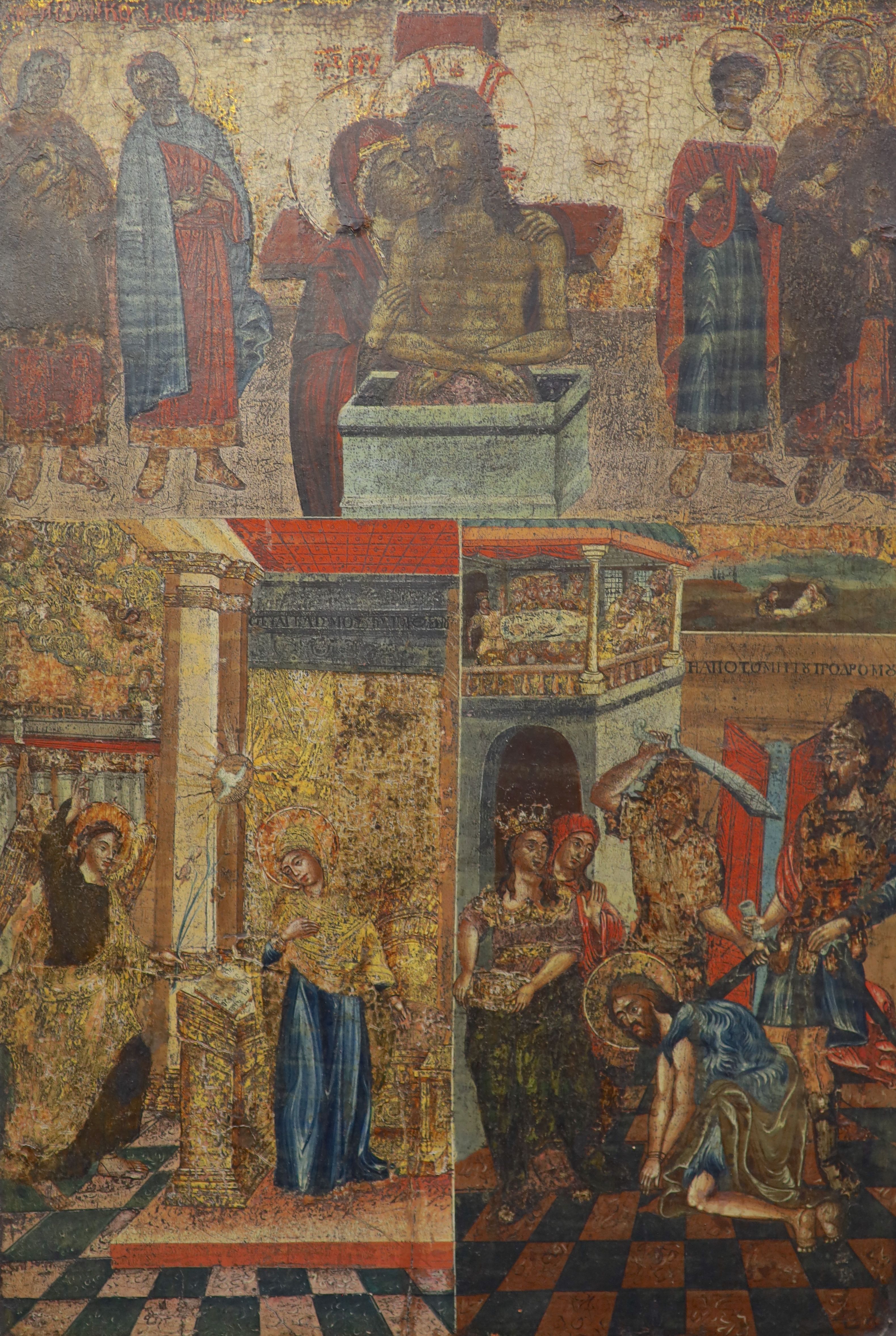 An 18th/19th century Greek tempera on wooden panel icon, 27.75 x 19.75in.